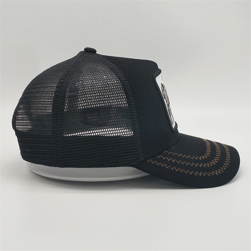 New Style Black 5panel Curve Bill Stone Mesh Snapback Animal Trucker Hat Cap With Custom Gorilla Logo Embroidery Patch
