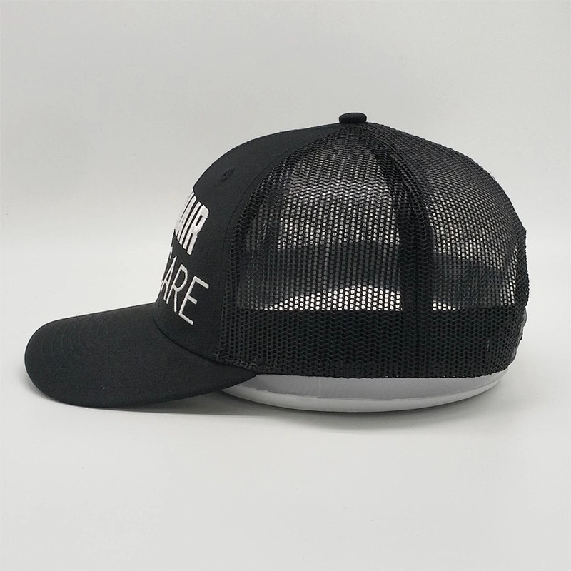 2019 New Customized 6 Panel Cheap 3D Embroidery Pre Curved Brim Black Mesh Hat Snap Back Trucker Cap