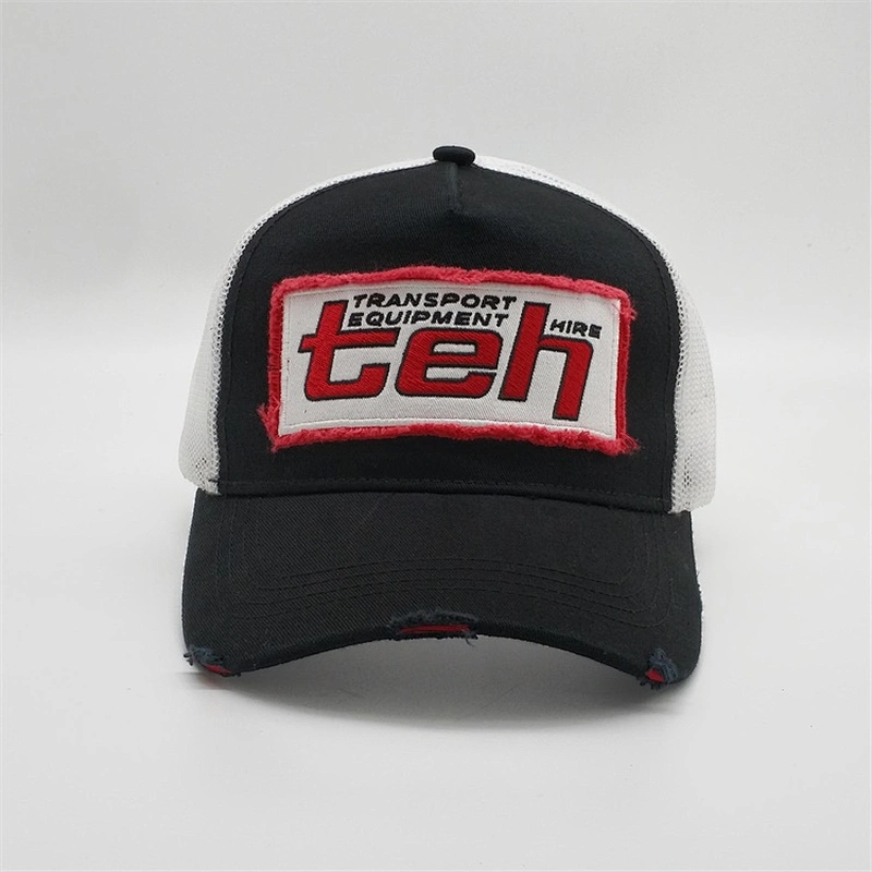 Vintage Custom High Crown Trucker Cap,Embroidery Black And White Snapback Caps,Wash Cotton Blank Distress Patch Trucker Hat