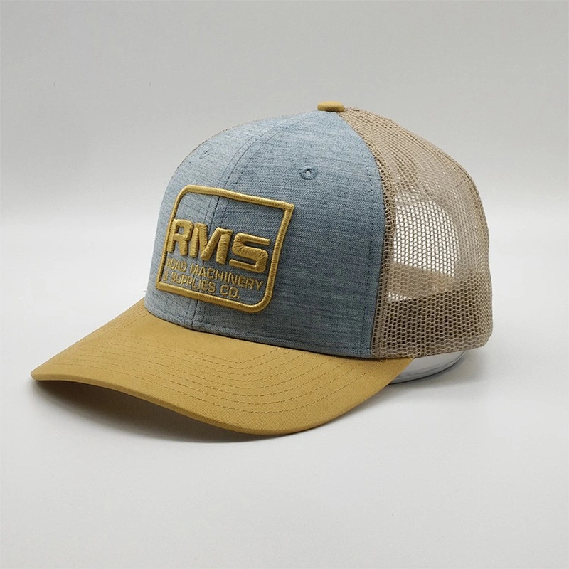 Summer Wholesale Yellow Vintage 3d Mesh Net Fabric Back Caps Logo Embroidered Trucker Hat For Man