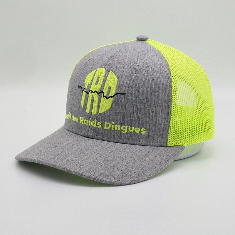 Wholesale High Quality Customised 6 Panel Black Embroidered Logo Grey Mesh Trucker Hat Baseball Cap