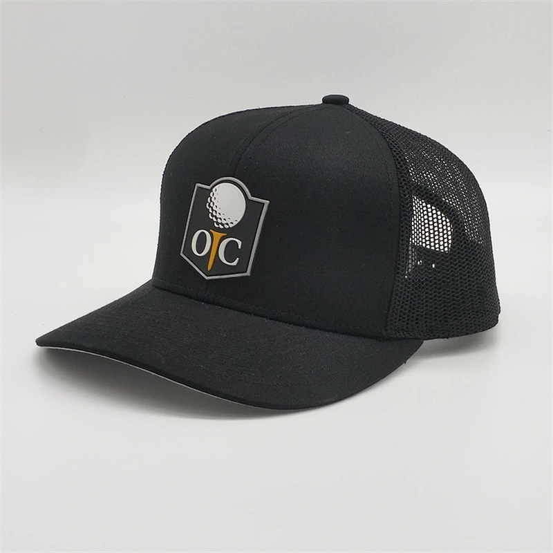 High Quality Plain  Black Snapback Hat,   Custom  Logo Mesh Caps  ,  Cotton PVC Rubber Patch  Promotion Trucker Hat