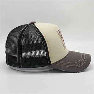 Custom 5 Panel Mesh Distressed Worn Out Double Snap Closure  High Quality Patches Embroidery Squirre Snapback Trucker Hats Cap