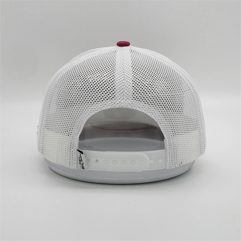 Customized 6 Panel Side Embroidered Logo Red White Mesh Adjustable Back Trucker Hat Cap With Woven Patch