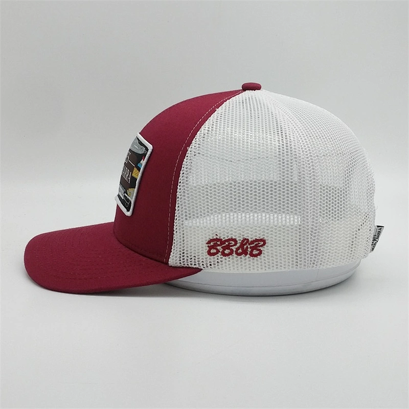 Customized 6 Panel Side Embroidered Logo Red White Mesh Adjustable Back Trucker Hat Cap With Woven Patch