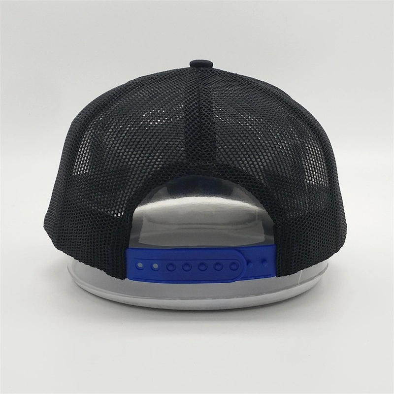 2019 High Quality Custom 6 Panel Mesh Black Metal Logo Baseball Trucker Hats Cap With Blue Label Sticker