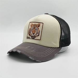 Wholesale Customized 5 Panel Distressed Washed Vintage Tiger Animal Patch Mesh Hat Trucker Cap With Double Snap Closure