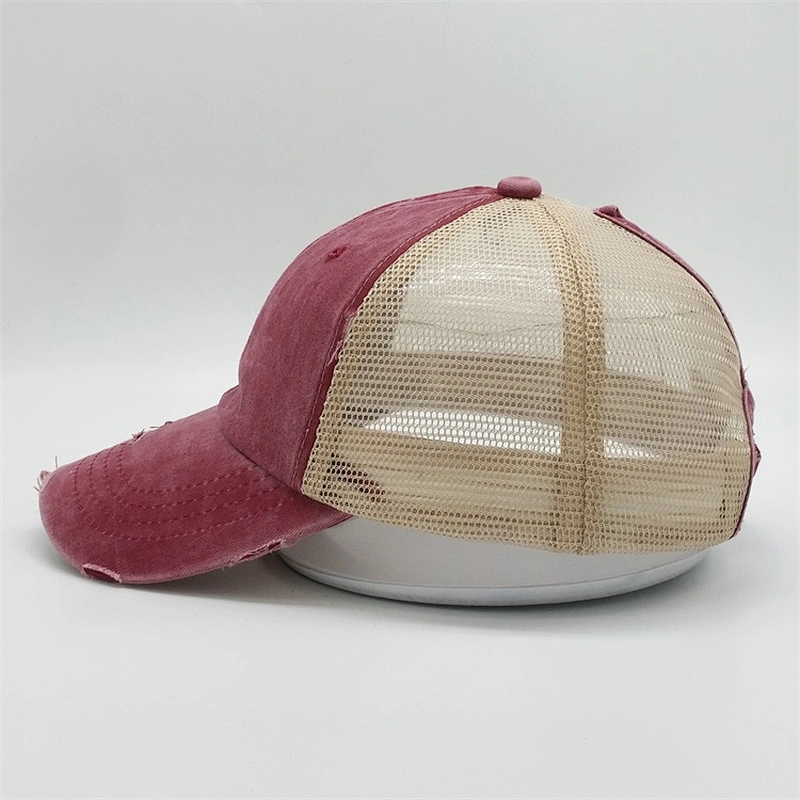 2019 Unstructured 6 Panel Mesh Trucker Heavy Washed Distressed Vintage Two Tone Ponytail Baseball Cap Hat