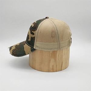 Custom Design Distressed Brim 6 Panel Cheap Mesh Blank Camo Trucker Baseball Cap Hats