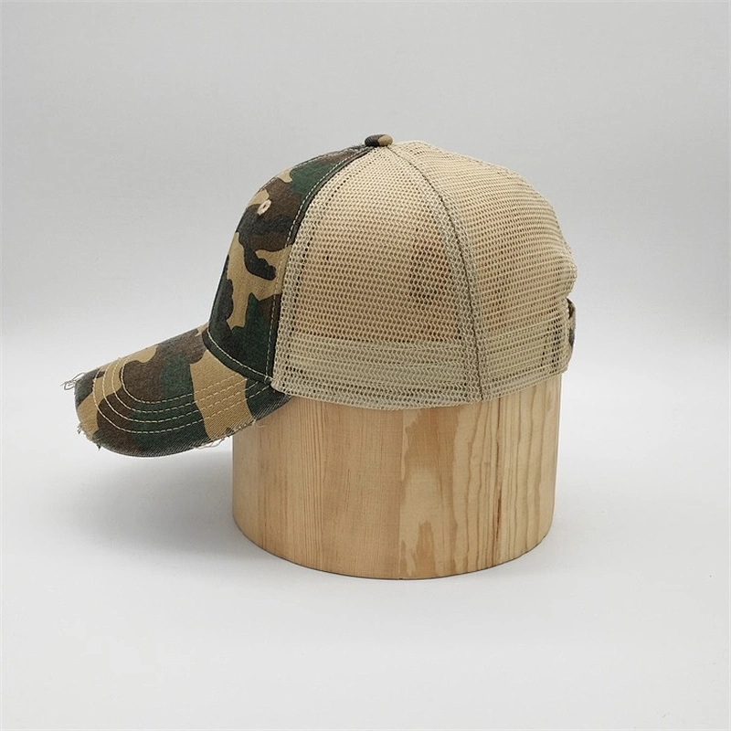 Custom Design Distressed Brim 6 Panel Cheap Mesh Blank Camo Trucker Baseball Cap Hats