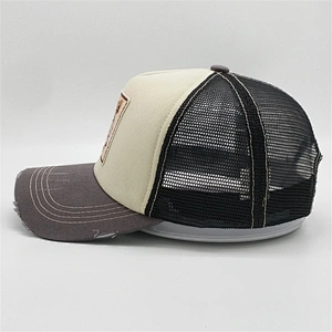 Wholesale Customized 5 Panel Distressed Washed Vintage Tiger Animal Patch Mesh Hat Trucker Cap With Double Snap Closure