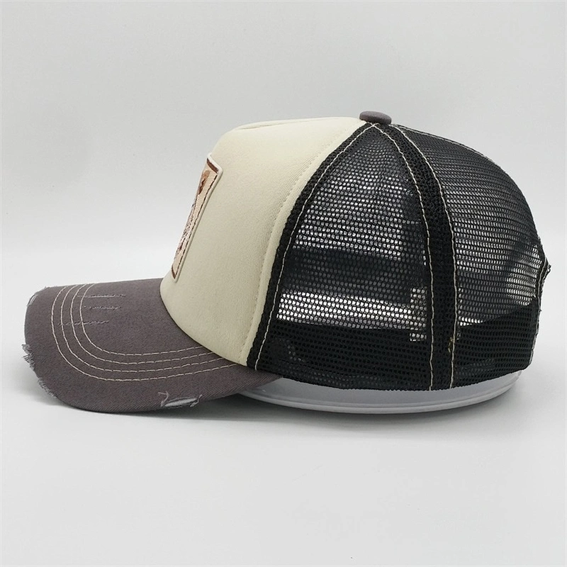 Wholesale Customized 5 Panel Distressed Washed Vintage Tiger Animal Patch Mesh Hat Trucker Cap With Double Snap Closure