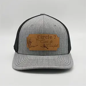 Custom Genuine Leather Patch Trucker Hats,Plastic Snap Gray Six Panel Truck Hat,Top Quality Classic Trucker Caps