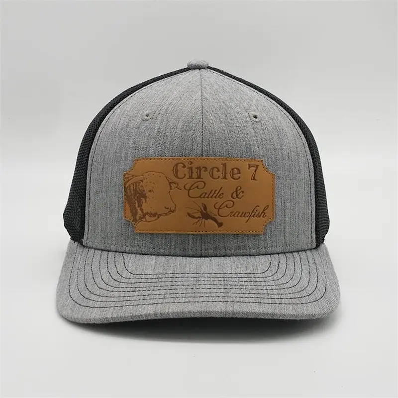 Custom Genuine Leather Patch Trucker Hats,Plastic Snap Gray Six Panel Truck Hat,Top Quality Classic Trucker Caps