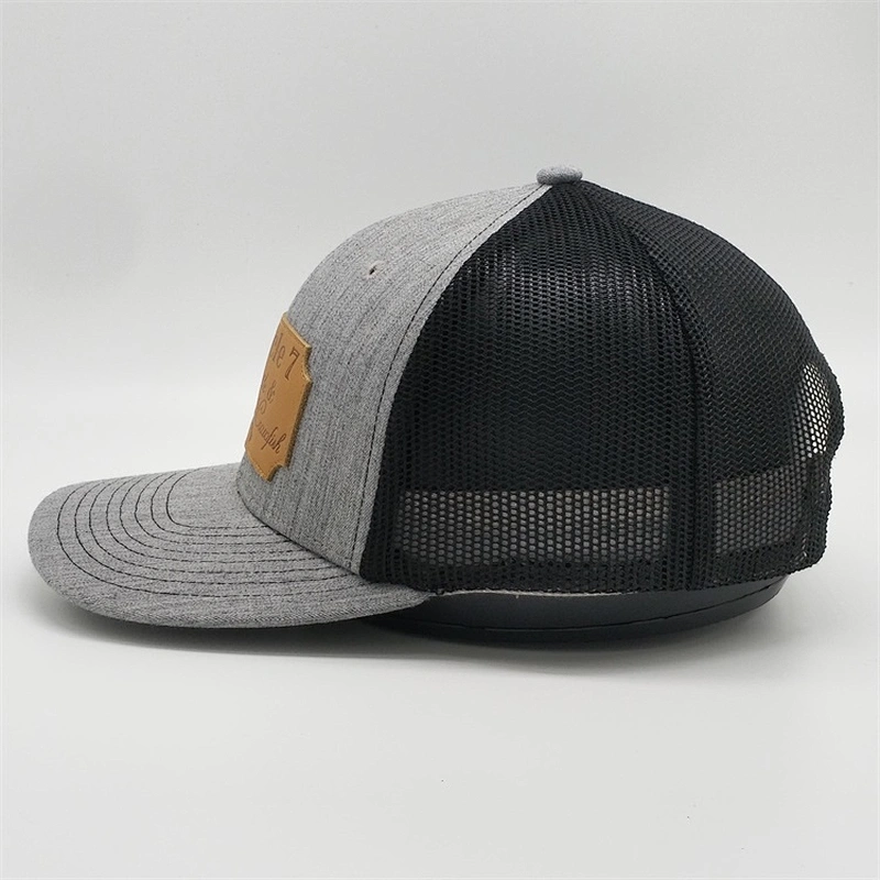 Custom Genuine Leather Patch Trucker Hats,Plastic Snap Gray Six Panel Truck Hat,Top Quality Classic Trucker Caps