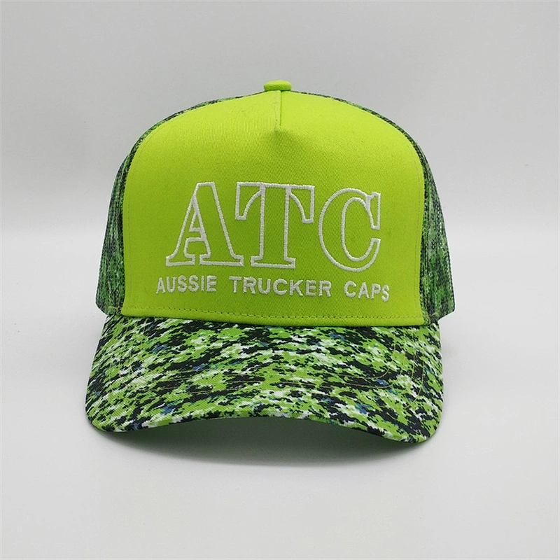 Custom 5 Panel Neon Snapback Hat,Sublimation Printed Trucker Cap,Camo Neon Green Camouflage Mesh Hat