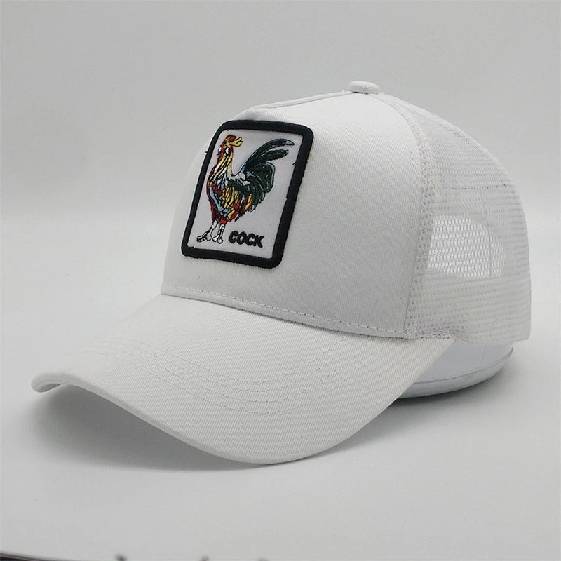 White Mesh Trucker Hat,Custom Cock  Embroidery Patch Logo Animal Trucker Hat,New 5panel Plastic Buckle Sports Trucker Caps