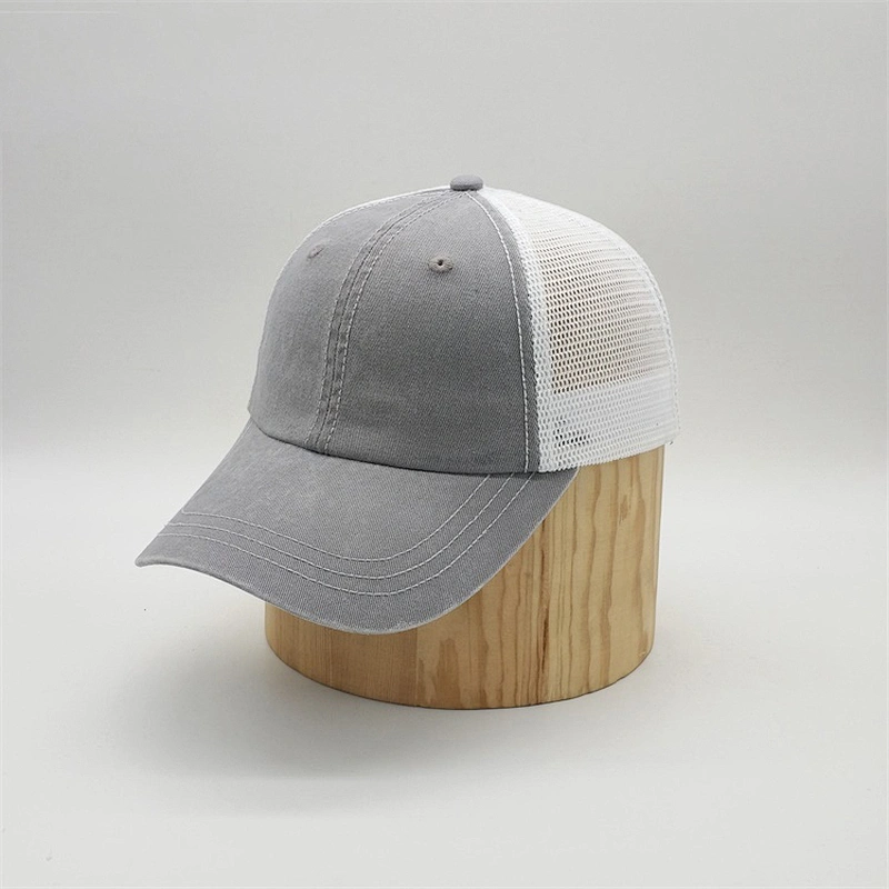 Custom Cheap Plain Worn-Out 6 Panel Curved Brim Snap Back Mesh Trucker Cap Baseball Hat