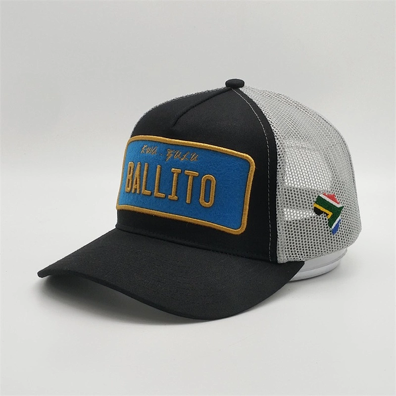Hot Sale 5 Panel Trucker Cap Custom Logo,High Quality Grey Mesh Black Caps,3D Gold Embroidery Woven Patch Trucker Hats