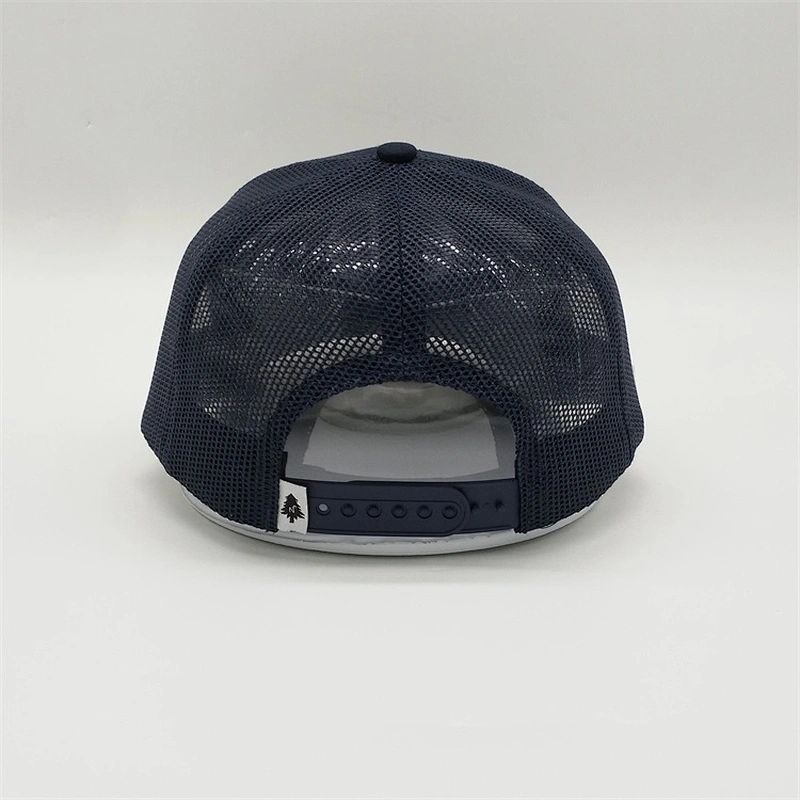 High Quality Navy Blue Trucker Snapback,  White 3D Embroidered Logo Mesh Caps Hat ,  Cotton PVC Rubber Patch Hat
