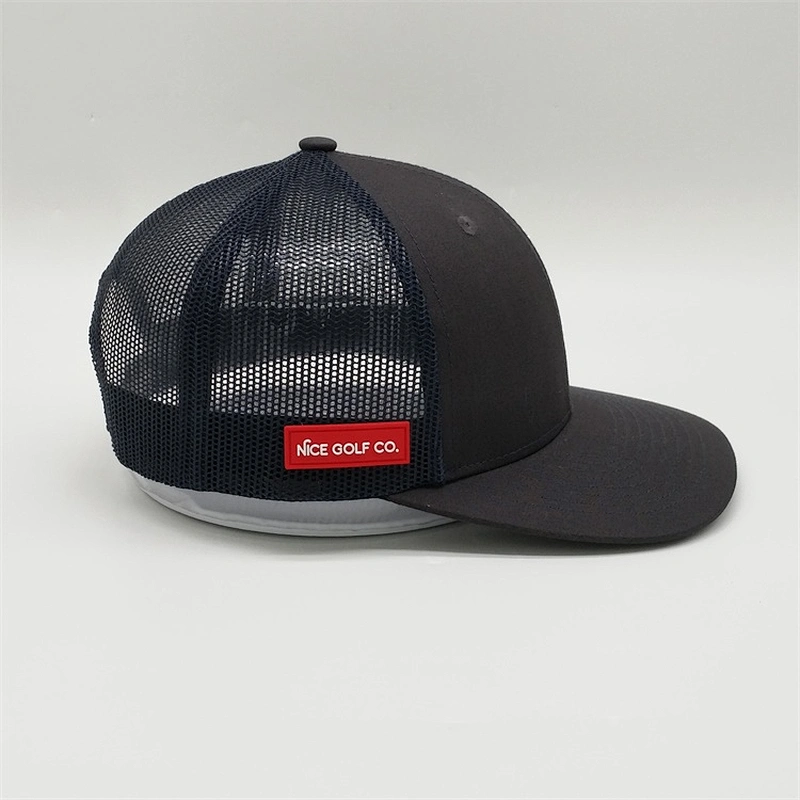OEM Service Custom Brim Blank Snapback Cap, Navy Blue Mesh Trucker Hat,Plain Black Rubber Patch Flat Brim Hat