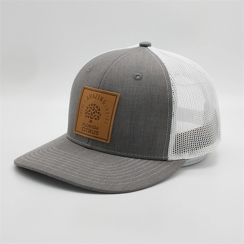 Wholesale 6 Panel Heather Grey Trucker Cap,High Quality White Mesh Hats,Custom Leather Patch Baseball Caps