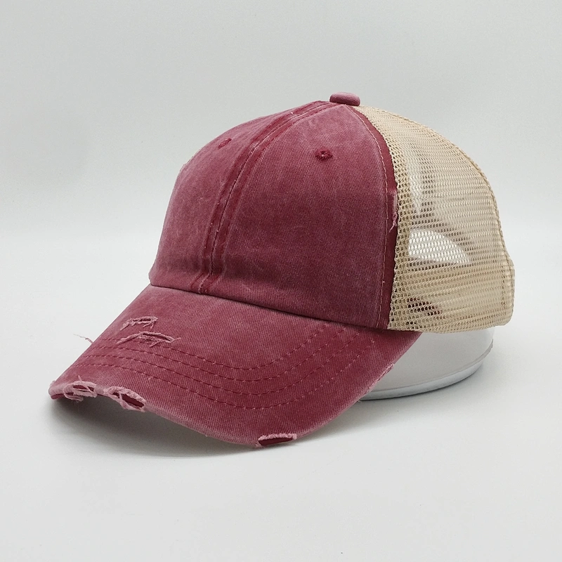 Custom High Quality Blank Distressed Washed Vintage Ponytail Cap Plain Cotton Mesh Trucker Hat With Magic Tape