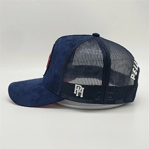 2019 Customized Mesh Breathable 5 Panel Suede Trucker Cap Embroidered Patch Hats With Metal Buckle