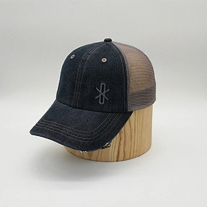 Custom 6 Panel Cheap Embroidery Distressed Brim Denim Mesh Trucker Cap Hat