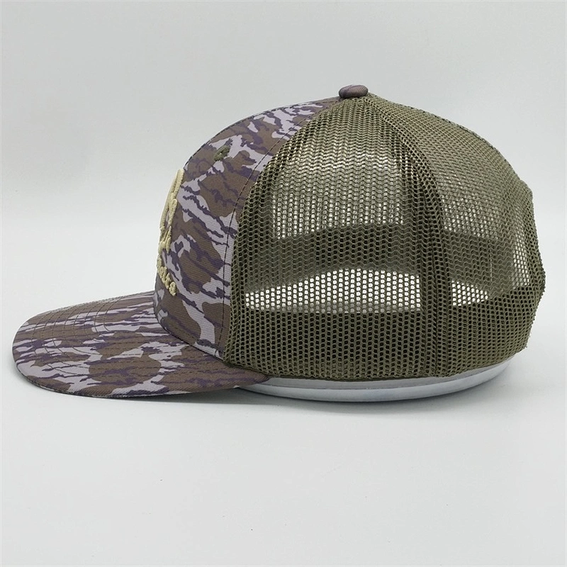 Customized Wholesale Army Green Mesh Digital Screen Camo Printed Trucker Cap Hats With Gold 3D Embroidered