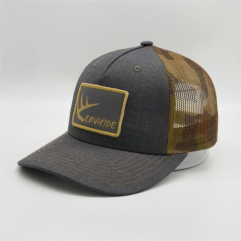 Man Custom 5 Panel Embroidery Caps Camo Trucker Mesh Hat With Woven Patch