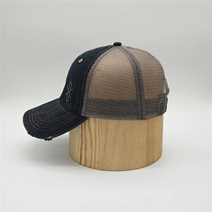Custom 6 Panel Cheap Embroidery Distressed Brim Denim Mesh Trucker Cap Hat