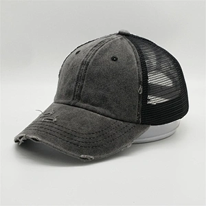 2019 Popular Denim Distressed Worn Out 6panel Mesh Ponytail Baseball Trucker Sports Hats Caps