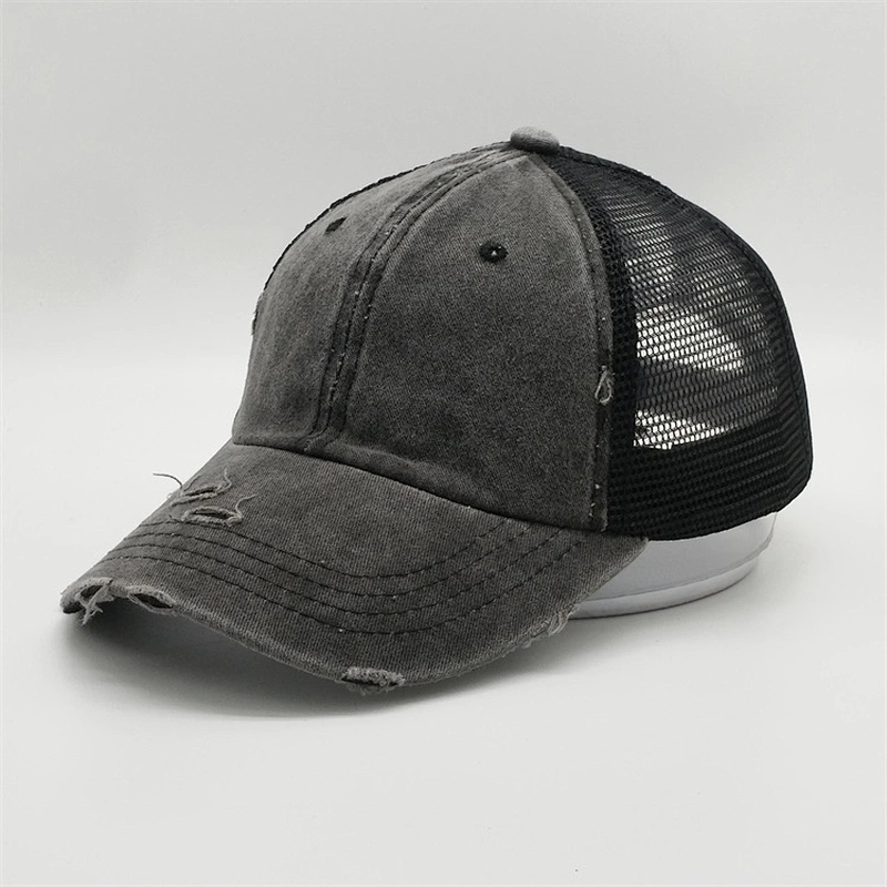 2019 Popular Denim Distressed Worn Out 6panel Mesh Ponytail Baseball Trucker Sports Hats Caps