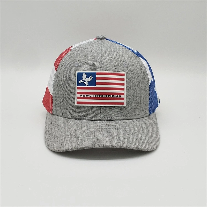 Wholesale Custom 6 Panel USA Flag PVC Logo Patch Trucker Hat ,Printed Mesh Back Baseball Hat,Heather Gray Snapback Trucker Cap