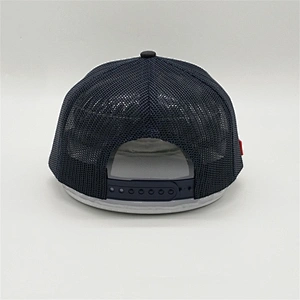OEM Service Custom Brim Blank Snapback Cap, Navy Blue Mesh Trucker Hat,Plain Black Rubber Patch Flat Brim Hat