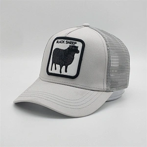 2019 Customized Adjustable 5 Panel Grey Mesh Trucker Hat Black Sheep Animal Pattern Embroidery Breathable Curved Brim Cap