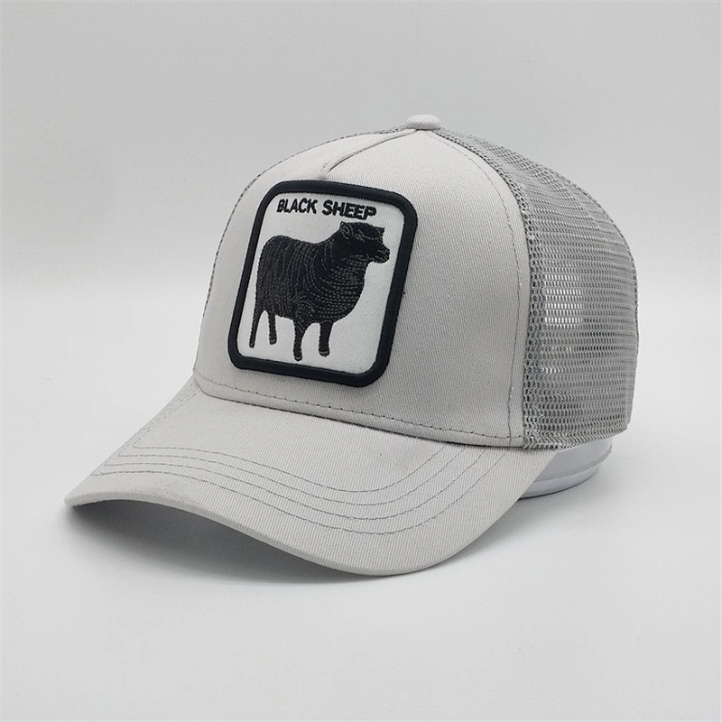 2019 Customized Adjustable 5 Panel Grey Mesh Trucker Hat Black Sheep Animal Pattern Embroidery Breathable Curved Brim Cap