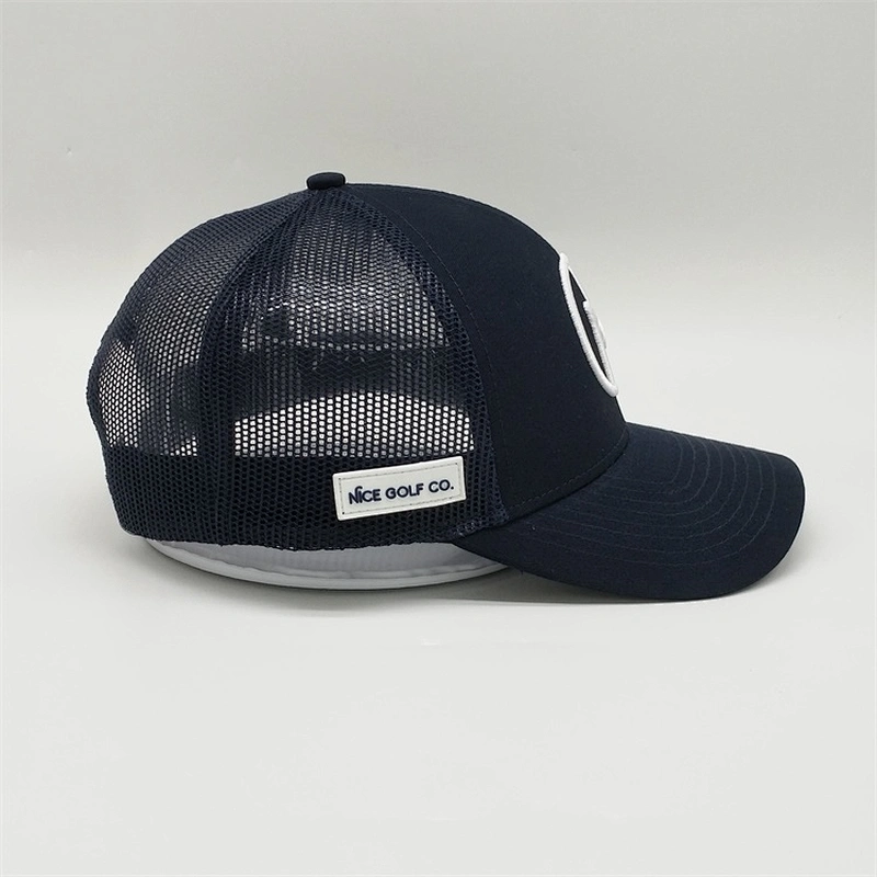 High Quality Navy Blue Trucker Snapback,  White 3D Embroidered Logo Mesh Caps Hat ,  Cotton PVC Rubber Patch Hat