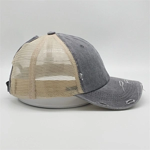 Custom Distressed Vintage Cotton Two Tone  Unstructrured 6panel Worn Out Ponytail Hat Baseball Trucker Mesh Caps