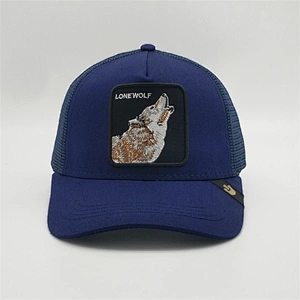 High Quality Custom 5 Panels Navy Blue Snapback Wolf  Animal Trucker Cap Mesh Hats 3D Embroidery Patch Badge Sports Caps