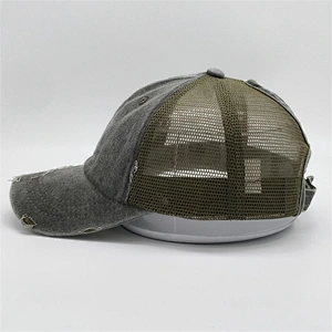 2019 Wholesale Customized Washed Hats Green Messy Mesh Curved Blank Worn Out Distressed Ponytail Trucker Cap With Magic Tape