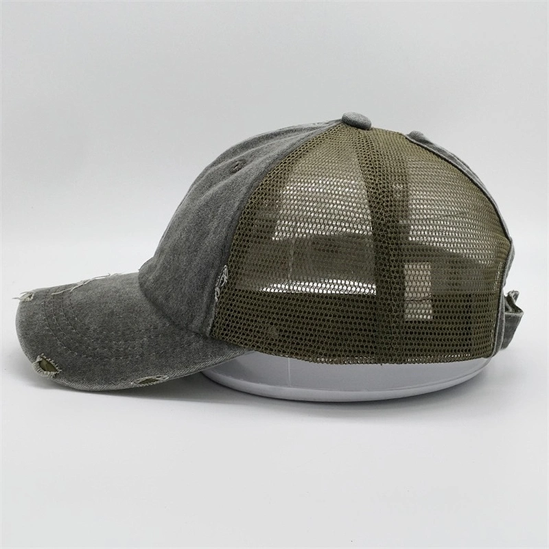 2019 Wholesale Customized Washed Hats Green Messy Mesh Curved Blank Worn Out Distressed Ponytail Trucker Cap With Magic Tape