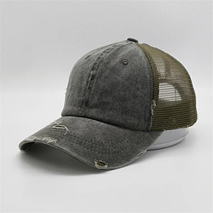 2019 Wholesale Customized Washed Hats Green Messy Mesh Curved Blank Worn Out Distressed Ponytail Trucker Cap With Magic Tape