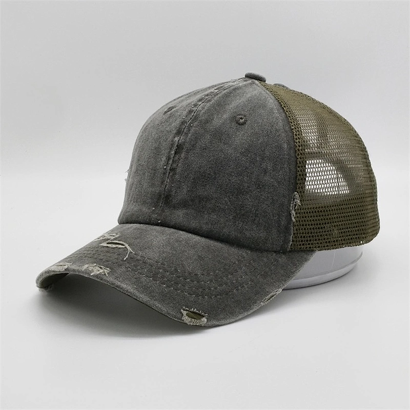 2019 Wholesale Customized Washed Hats Green Messy Mesh Curved Blank Worn Out Distressed Ponytail Trucker Cap With Magic Tape