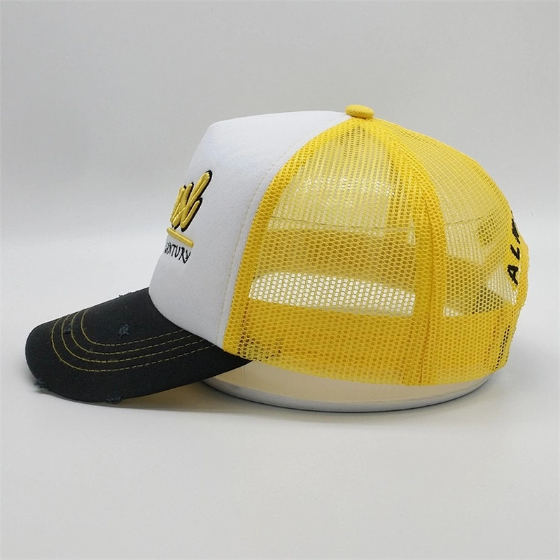 High Quality Custom Foam Trucker Hats,5 Panel Foam Yellow Plain Snapback Caps,Worn-out 3d Embroidery Distressed Trucker Hats
