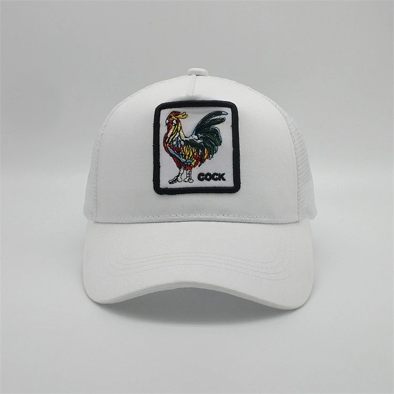 White Mesh Trucker Hat,Custom Cock  Embroidery Patch Logo Animal Trucker Hat,New 5panel Plastic Buckle Sports Trucker Caps