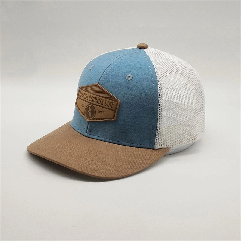 OEM Customised Logo Vintage Snap Back Caps Leather Aplique Cotton Mesh Gorra Trucker Hats With Patch