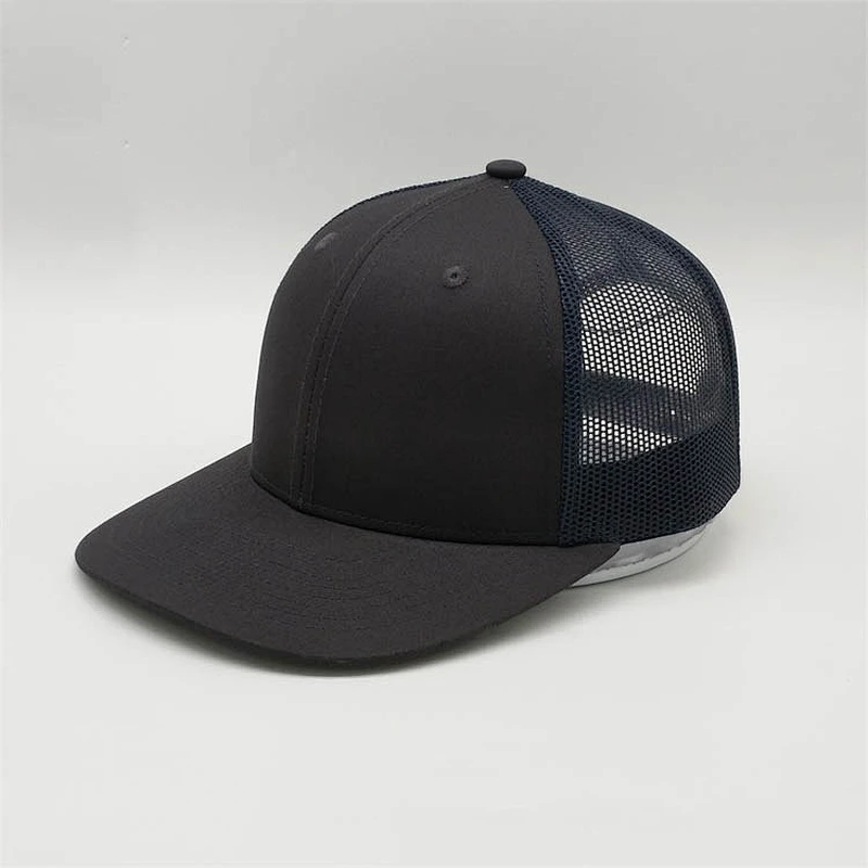 OEM Service Custom Brim Blank Snapback Cap, Navy Blue Mesh Trucker Hat,Plain Black Rubber Patch Flat Brim Hat