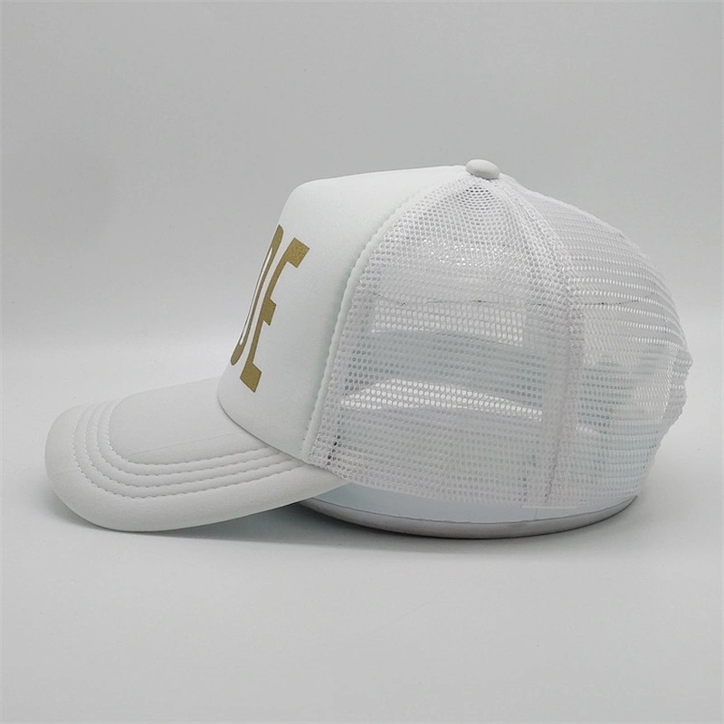 Custom High Quality 5 Panel White Foam Mesh Hats Double Snap Plastic Buckled Closure Screen Printed Trucker Cap